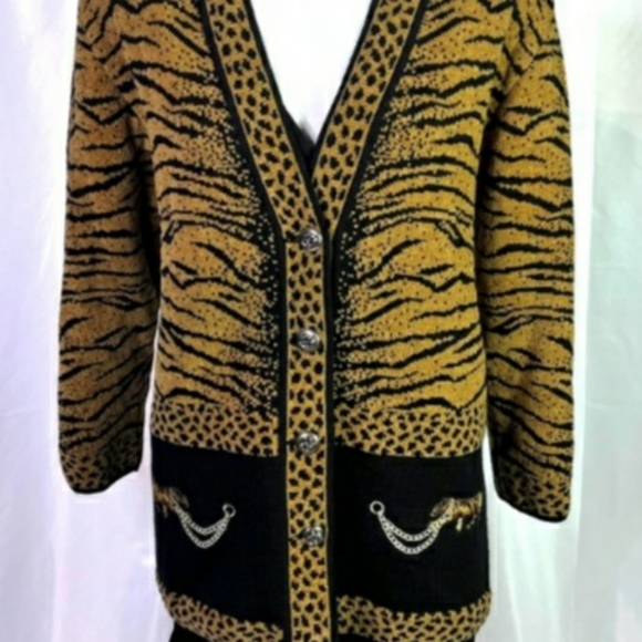 DOLCE BELLA ANIMAL PRINT CARDIGAN CHUNKY OVERSIZED THICK WOOL SWEATER GOLD BLACK - Picture 9 of 10